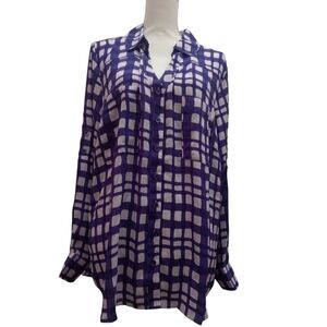 Roaman's Purple And White Colorblock Plaid Button Down Long Sleeve Blouse 22W